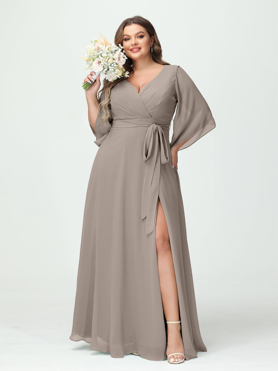 A-Line/Princess V-Neck Long Sleeves Chiffon Split Side Plus Size Bridesmaid Dresses With Pockets Belt Taupe