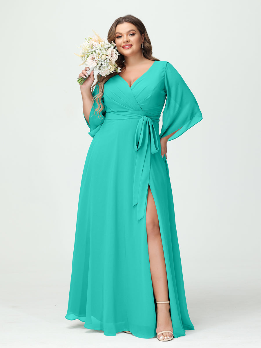 A-Line/Princess V-Neck Long Sleeves Chiffon Split Side Plus Size Bridesmaid Dresses With Pockets Belt Turquoise