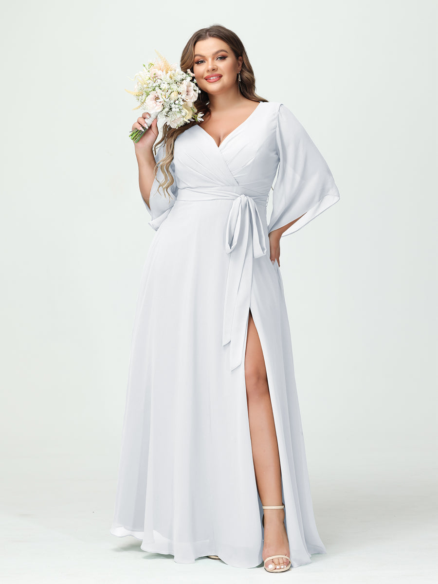 A-Line/Princess V-Neck Long Sleeves Chiffon Split Side Plus Size Bridesmaid Dresses With Pockets Belt White