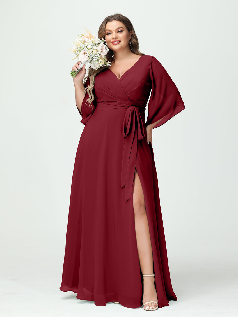 A-Line/Princess V-Neck Long Sleeves Chiffon Split Side Plus Size Bridesmaid Dresses With Pockets Belt Wine Red