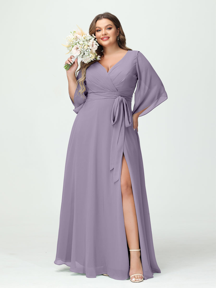 A-Line/Princess V-Neck Long Sleeves Chiffon Split Side Plus Size Bridesmaid Dresses With Pockets Belt Wisteria