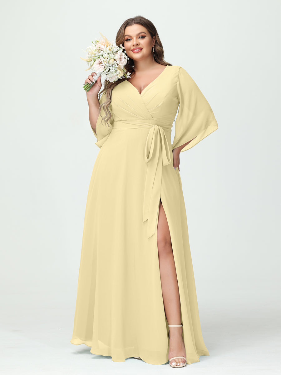A-Line/Princess V-Neck Long Sleeves Chiffon Split Side Plus Size Bridesmaid Dresses With Pockets Belt Yellow