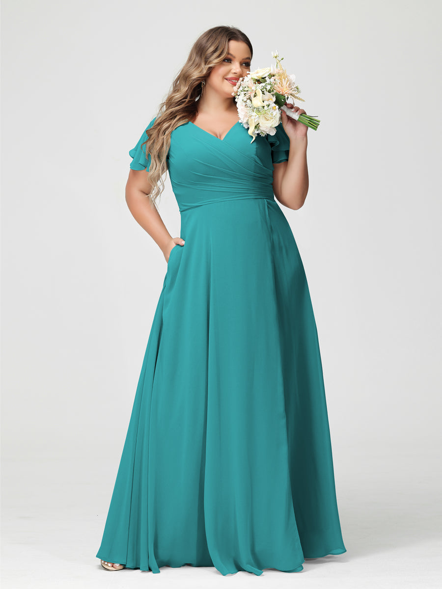 A-Line/Princess V-Neck Short Sleeves Chiffon Split Side Plus Size Bridesmaid Dresses with Pockets Aqua Blue