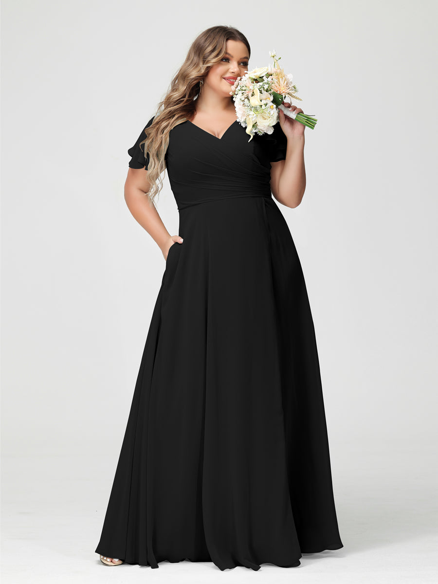 A-Line/Princess V-Neck Short Sleeves Chiffon Split Side Plus Size Bridesmaid Dresses with Pockets Black