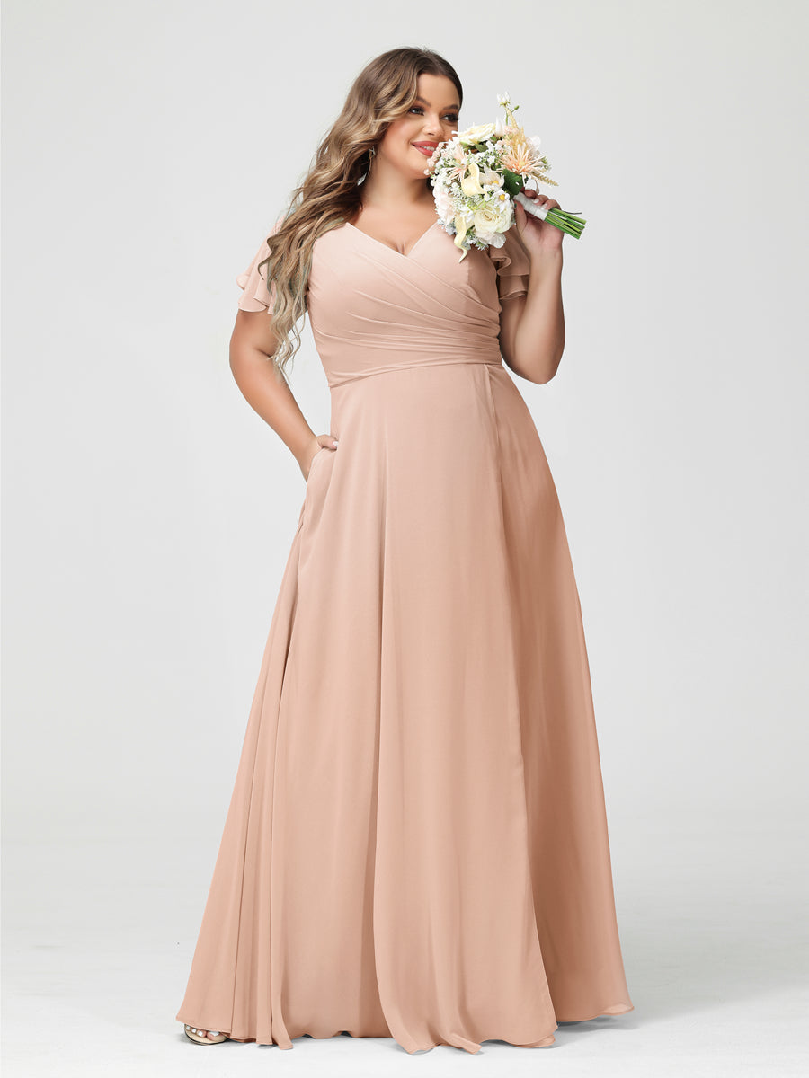 A-Line/Princess V-Neck Short Sleeves Chiffon Split Side Plus Size Bridesmaid Dresses with Pockets Blush Pink