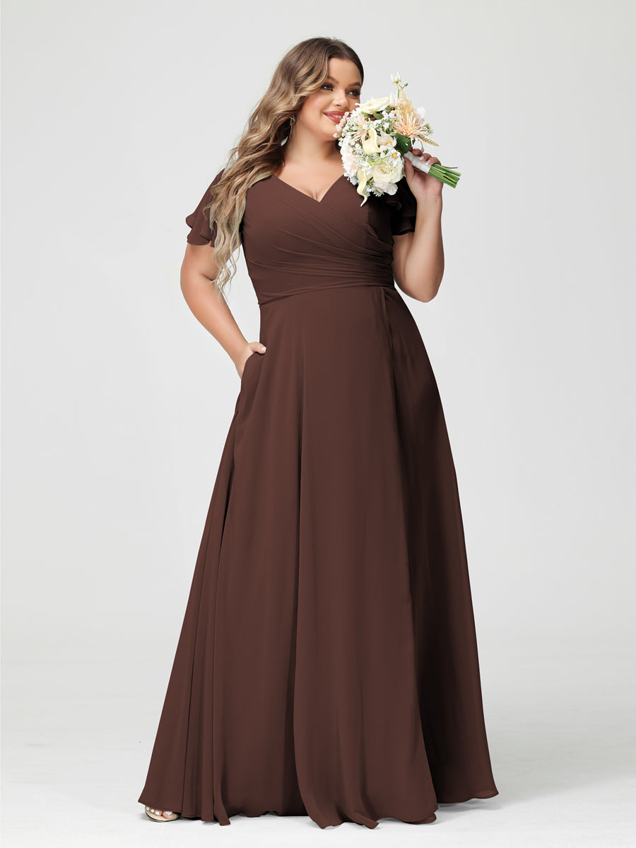 A-Line/Princess V-Neck Short Sleeves Chiffon Split Side Plus Size Bridesmaid Dresses with Pockets Brown