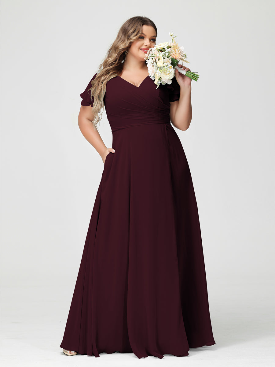 A-Line/Princess V-Neck Short Sleeves Chiffon Split Side Plus Size Bridesmaid Dresses with Pockets Burgundy