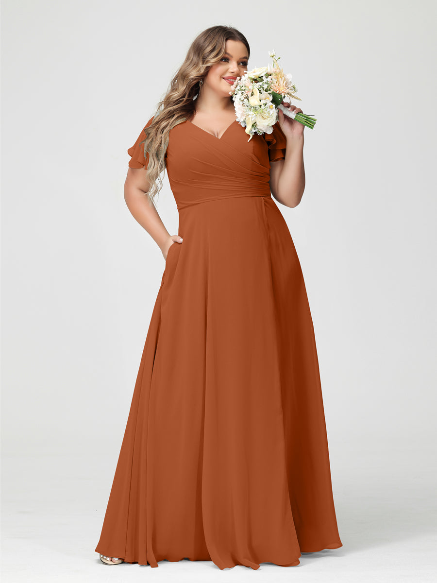 A-Line/Princess V-Neck Short Sleeves Chiffon Split Side Plus Size Bridesmaid Dresses with Pockets Burnt Orange