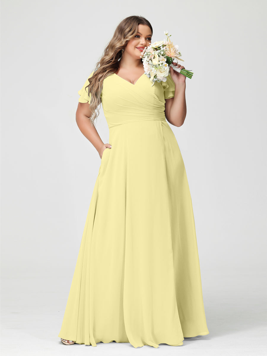A-Line/Princess V-Neck Short Sleeves Chiffon Split Side Plus Size Bridesmaid Dresses with Pockets Canary