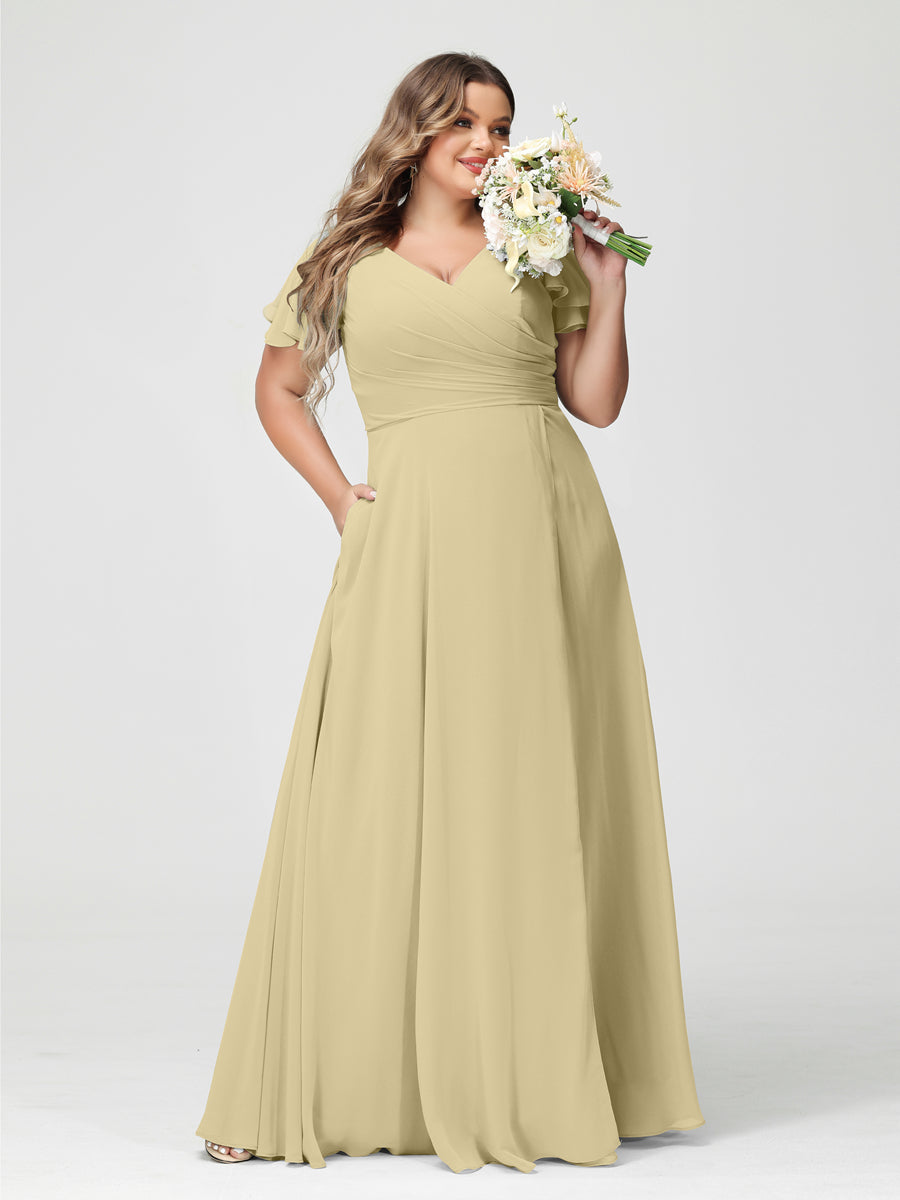 A-Line/Princess V-Neck Short Sleeves Chiffon Split Side Plus Size Bridesmaid Dresses with Pockets Champagne