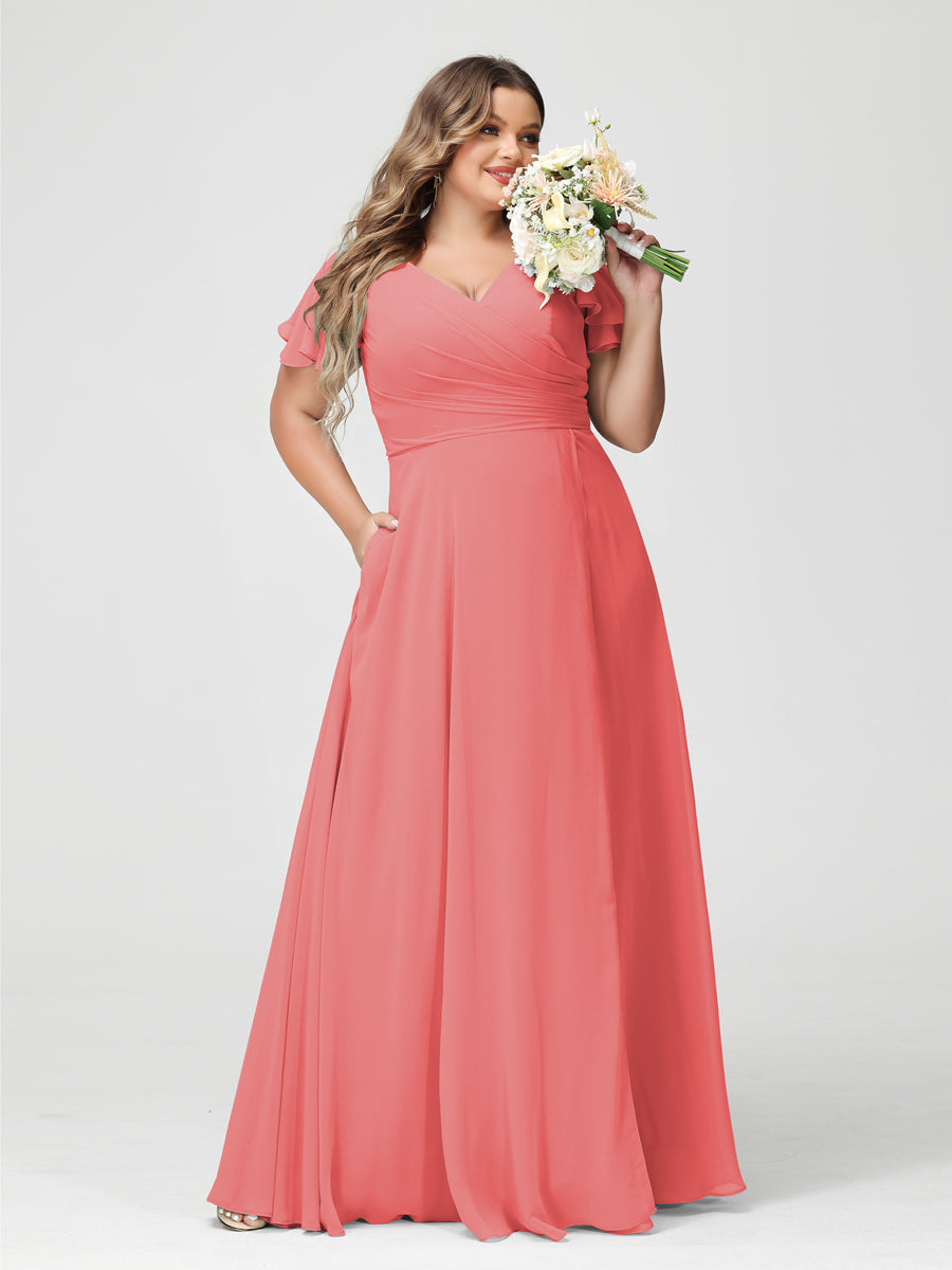 A-Line/Princess V-Neck Short Sleeves Chiffon Split Side Plus Size Bridesmaid Dresses with Pockets Coral