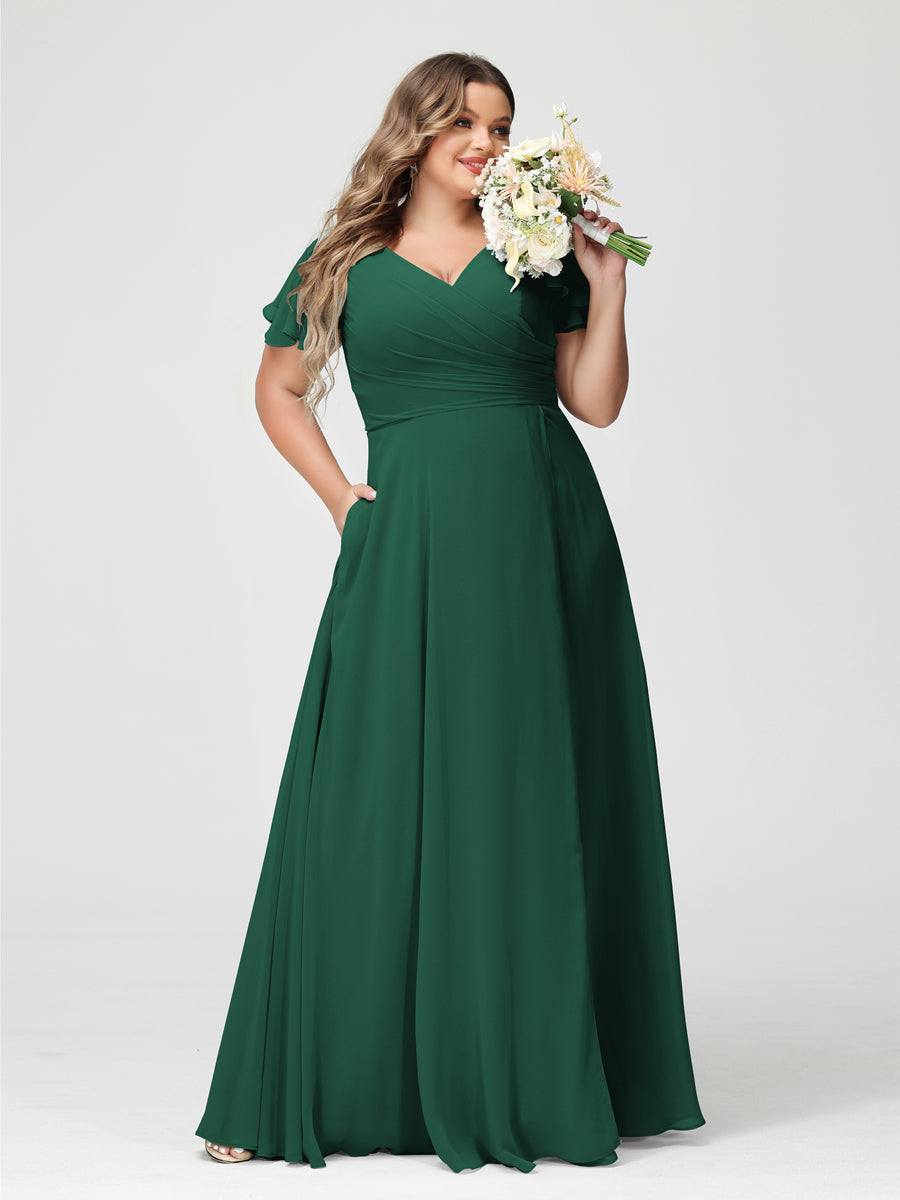 A-Line/Princess V-Neck Short Sleeves Chiffon Split Side Plus Size Bridesmaid Dresses with Pockets Dark Green