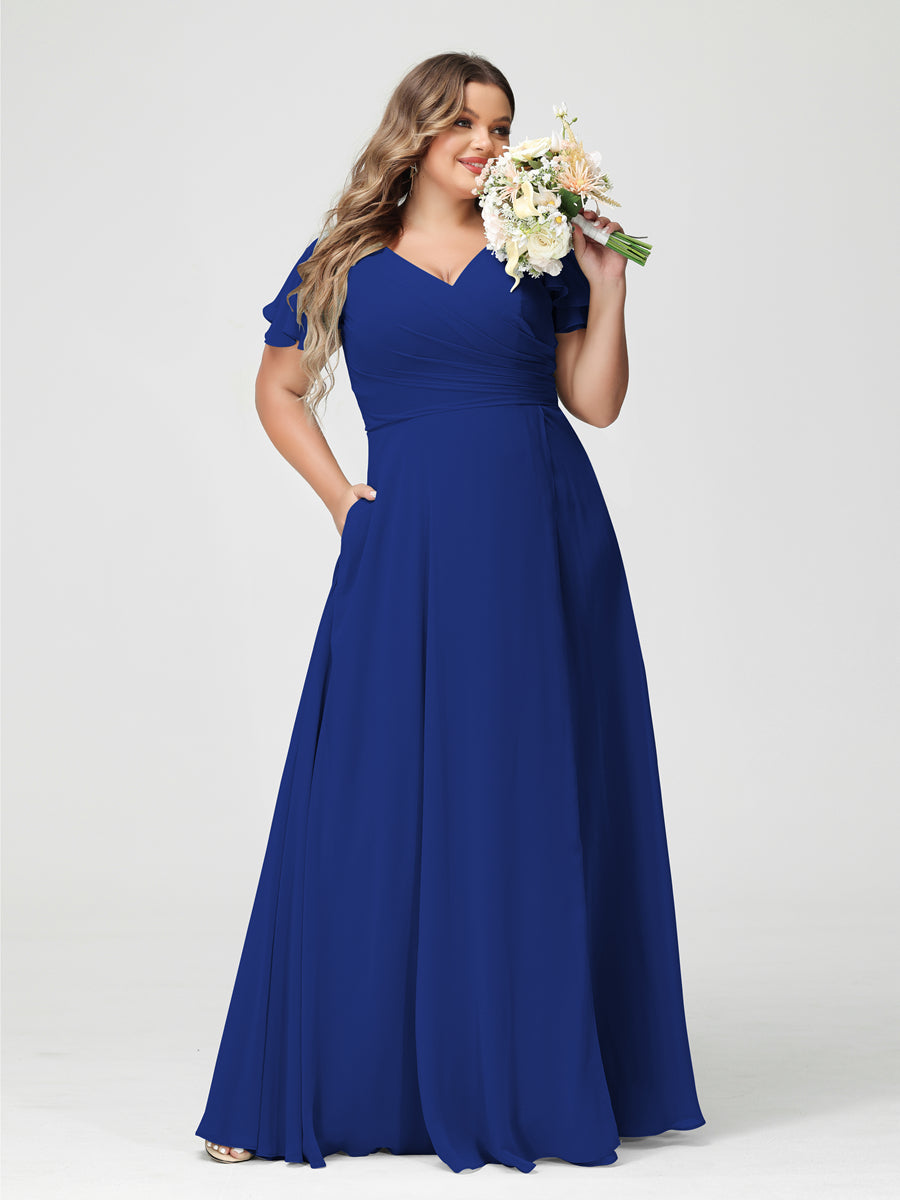 A-Line/Princess V-Neck Short Sleeves Chiffon Split Side Plus Size Bridesmaid Dresses with Pockets Dark Royal Blue