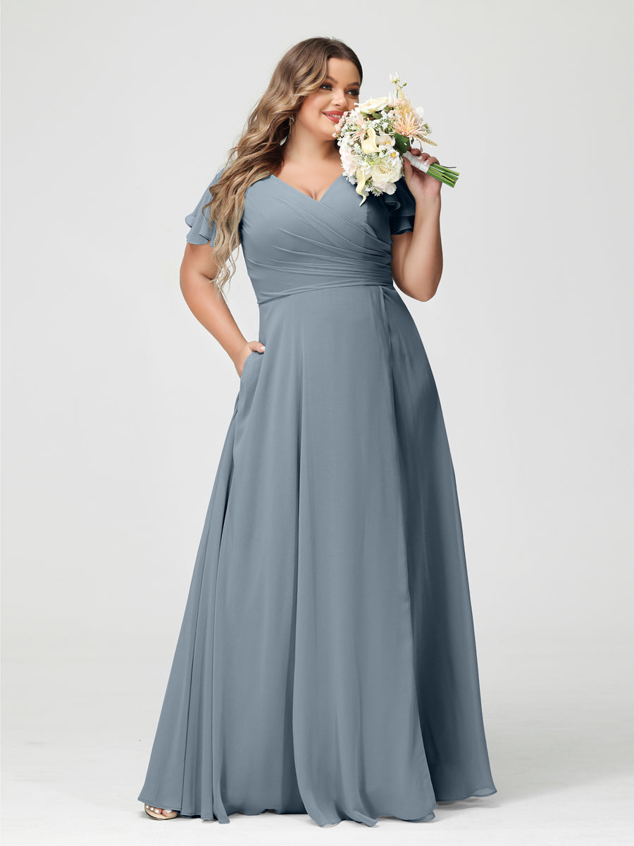 A-Line/Princess V-Neck Short Sleeves Chiffon Split Side Plus Size Bridesmaid Dresses with Pockets Dusty Blue