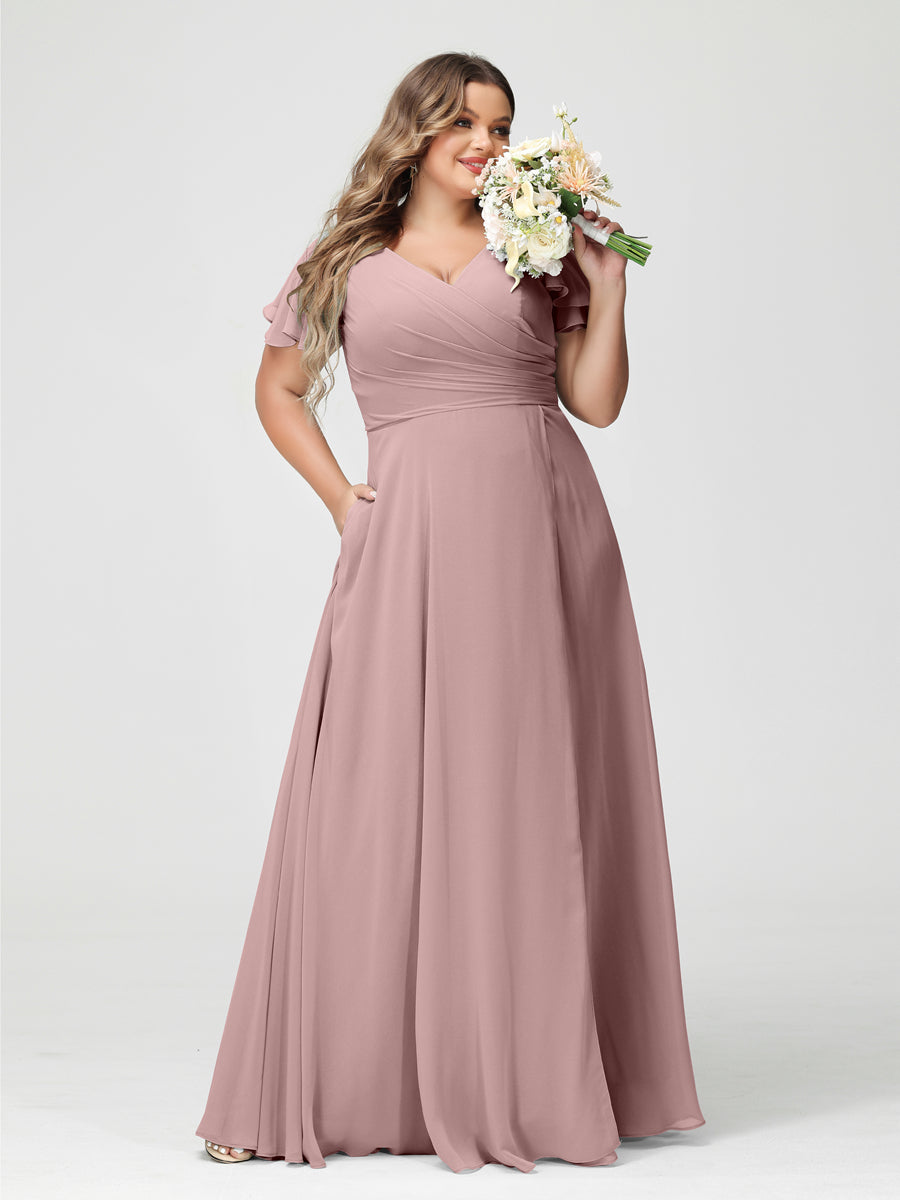 A-Line/Princess V-Neck Short Sleeves Chiffon Split Side Plus Size Bridesmaid Dresses with Pockets Dusty Pink