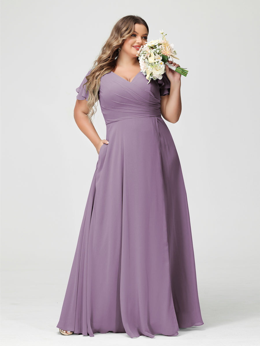 A-Line/Princess V-Neck Short Sleeves Chiffon Split Side Plus Size Bridesmaid Dresses with Pockets Dusty Purple