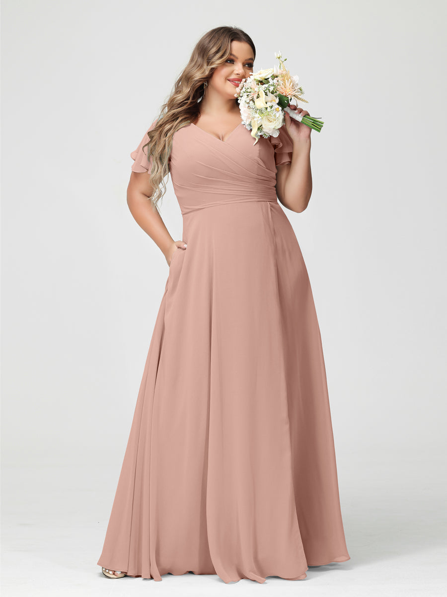A-Line/Princess V-Neck Short Sleeves Chiffon Split Side Plus Size Bridesmaid Dresses with Pockets Dusty Rose