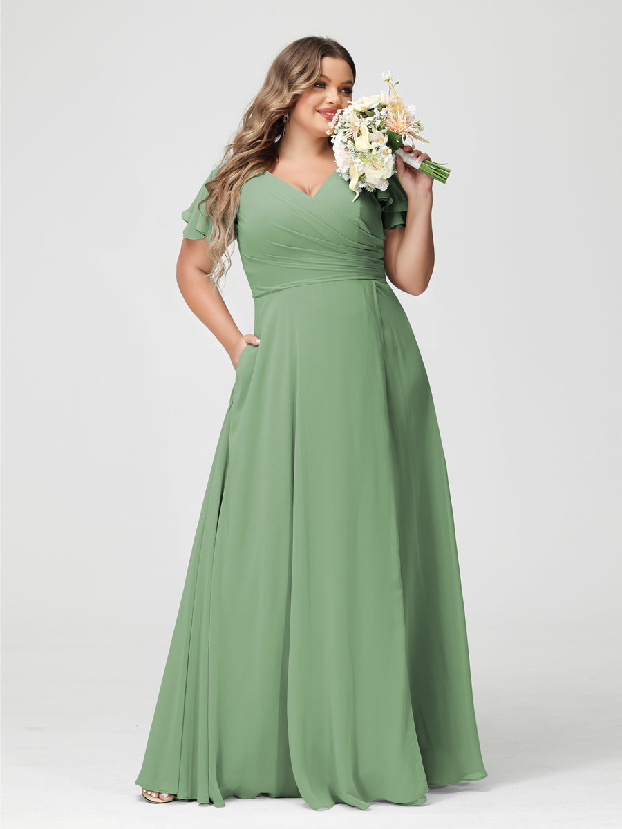 A-Line/Princess V-Neck Short Sleeves Chiffon Split Side Plus Size Bridesmaid Dresses with Pockets Dusty Sage
