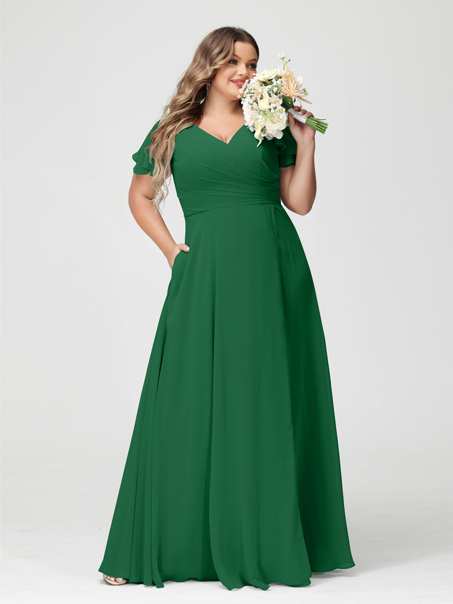 A-Line/Princess V-Neck Short Sleeves Chiffon Split Side Plus Size Bridesmaid Dresses with Pockets Emerald
