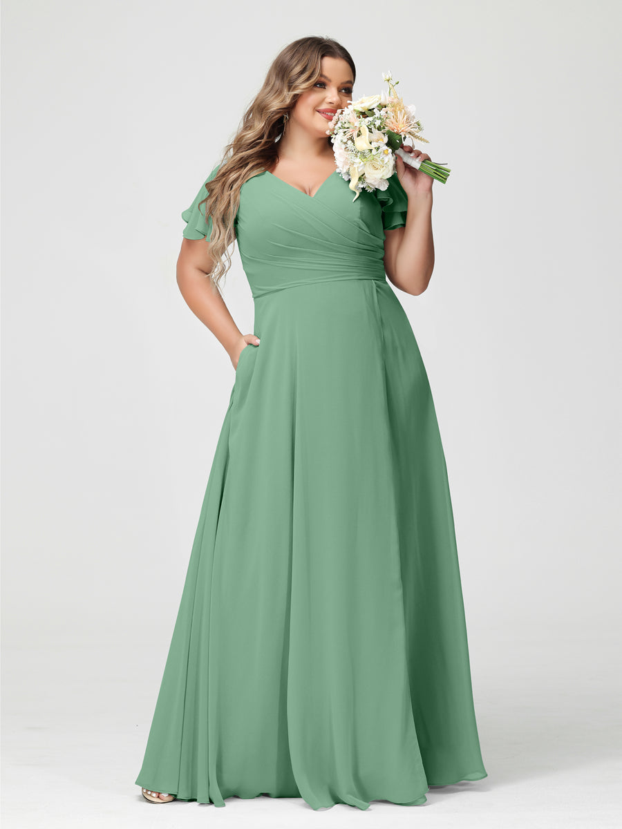 A-Line/Princess V-Neck Short Sleeves Chiffon Split Side Plus Size Bridesmaid Dresses with Pockets Eucalyptus