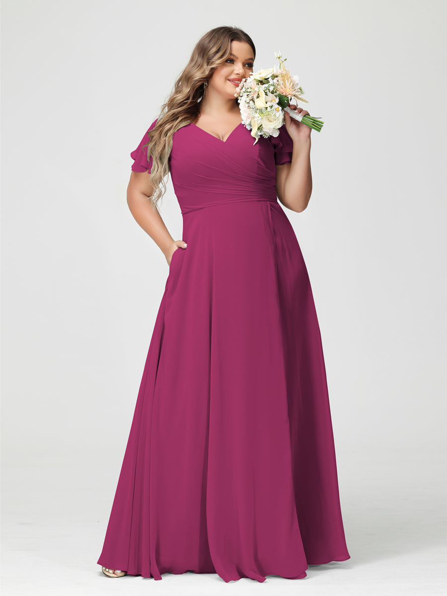 A-Line/Princess V-Neck Short Sleeves Chiffon Split Side Plus Size Bridesmaid Dresses with Pockets Fuchsia