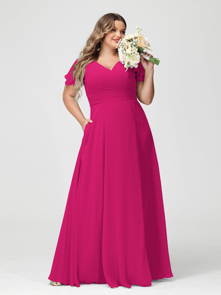 A-Line/Princess V-Neck Short Sleeves Chiffon Split Side Plus Size Bridesmaid Dresses with Pockets Fuchsia Pink