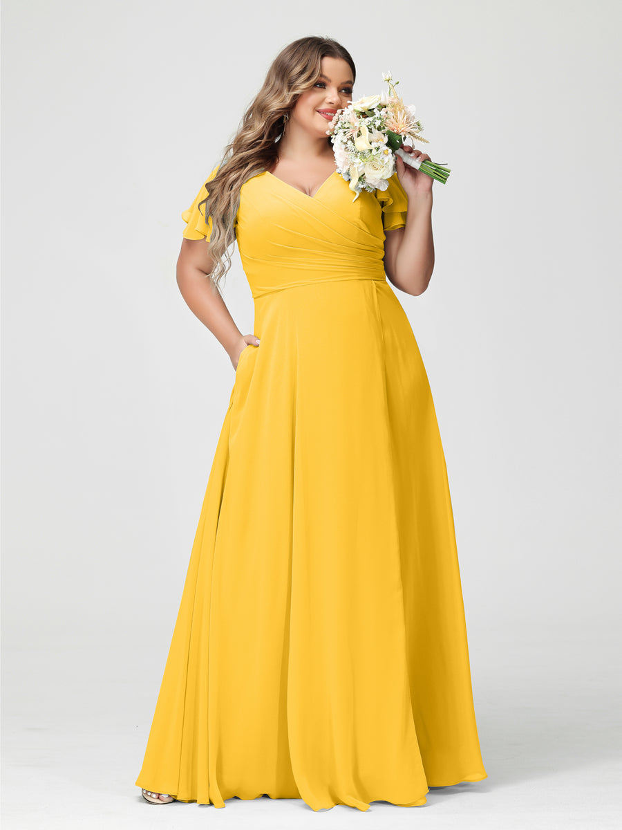 A-Line/Princess V-Neck Short Sleeves Chiffon Split Side Plus Size Bridesmaid Dresses with Pockets Gold
