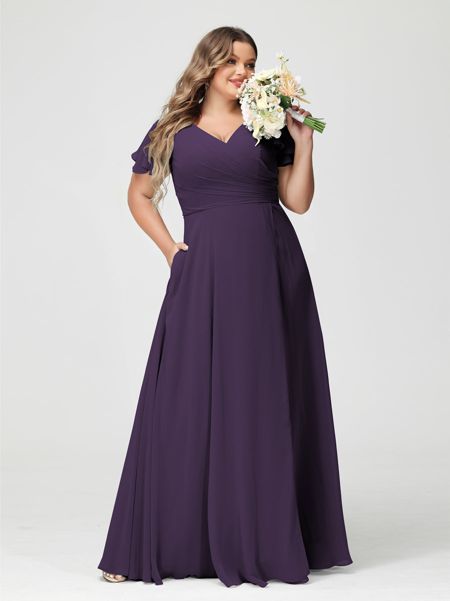 A-Line/Princess V-Neck Short Sleeves Chiffon Split Side Plus Size Bridesmaid Dresses with Pockets Grape