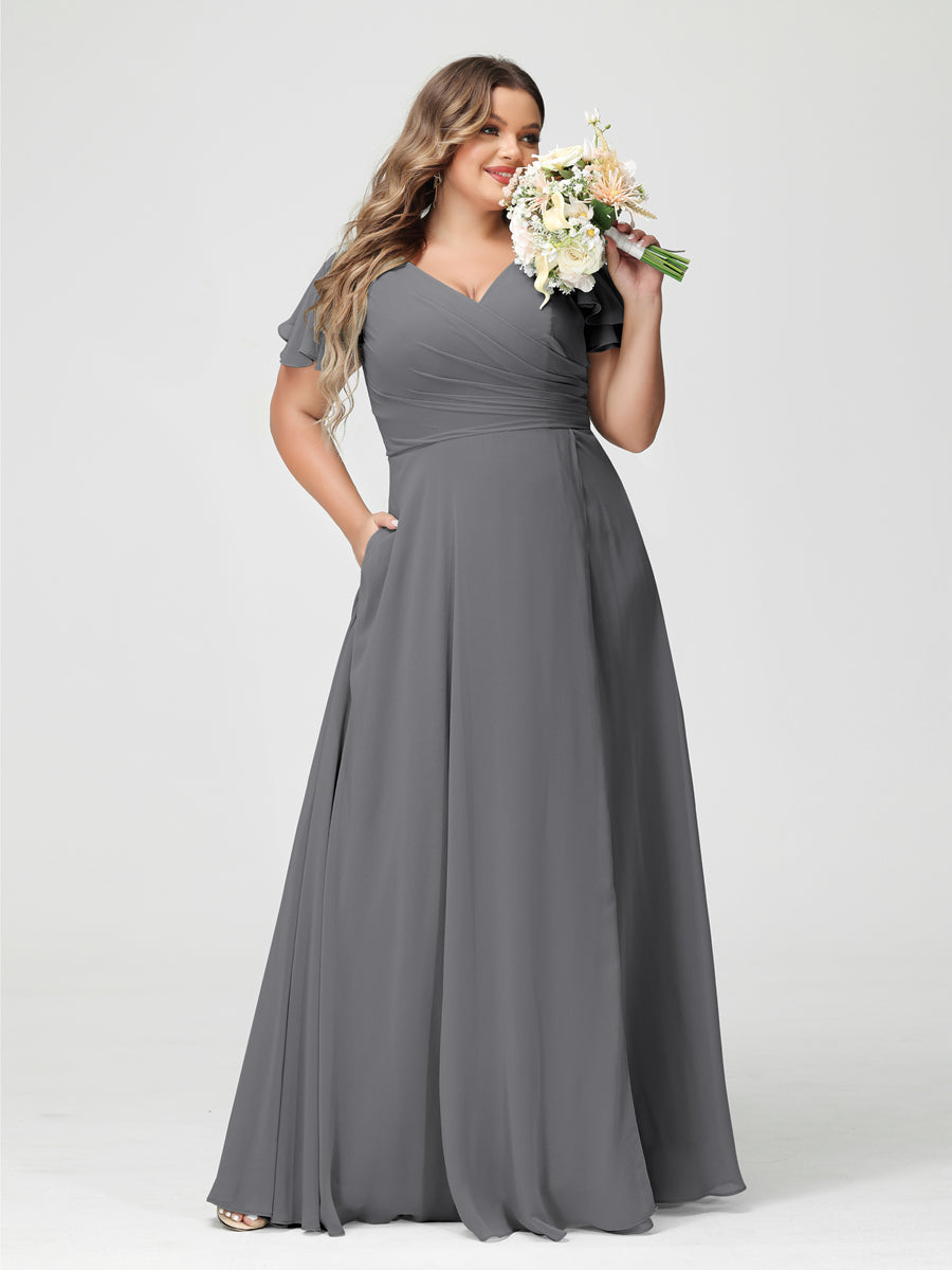 A-Line/Princess V-Neck Short Sleeves Chiffon Split Side Plus Size Bridesmaid Dresses with Pockets Gray
