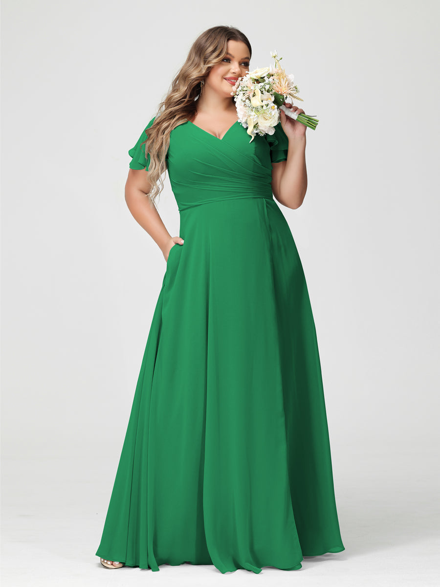 A-Line/Princess V-Neck Short Sleeves Chiffon Split Side Plus Size Bridesmaid Dresses with Pockets Green
