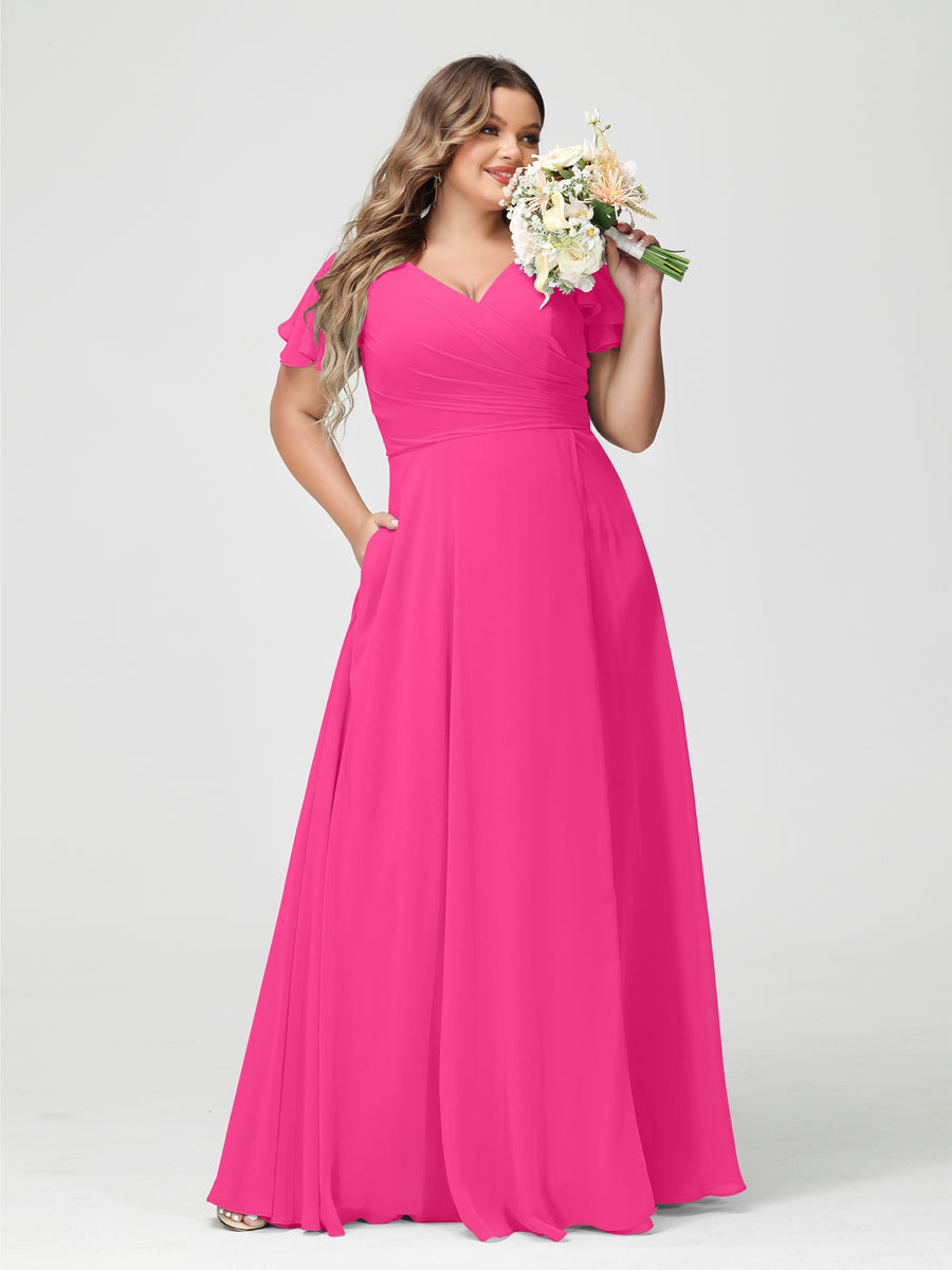 A-Line/Princess V-Neck Short Sleeves Chiffon Split Side Plus Size Bridesmaid Dresses with Pockets Hot Pink