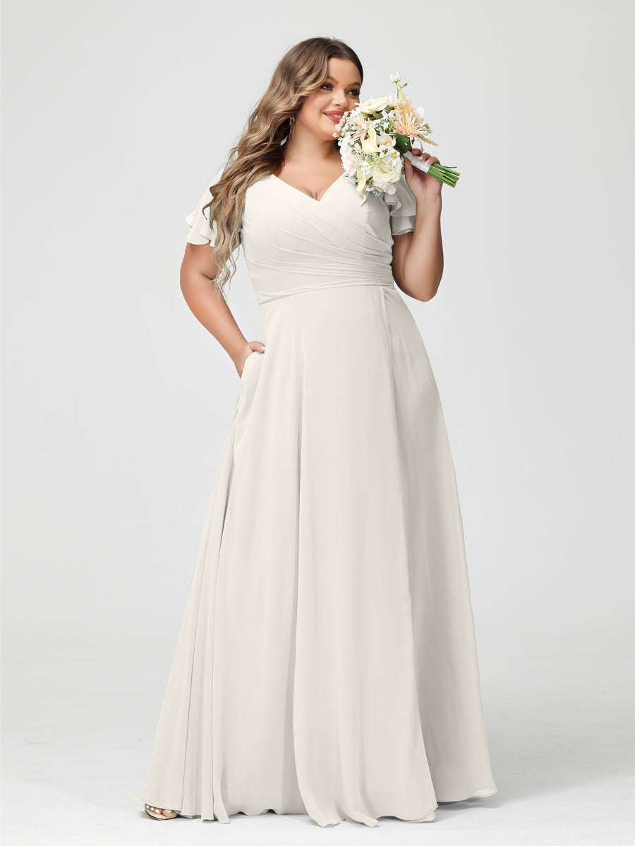 A-Line/Princess V-Neck Short Sleeves Chiffon Split Side Plus Size Bridesmaid Dresses with Pockets Ivory