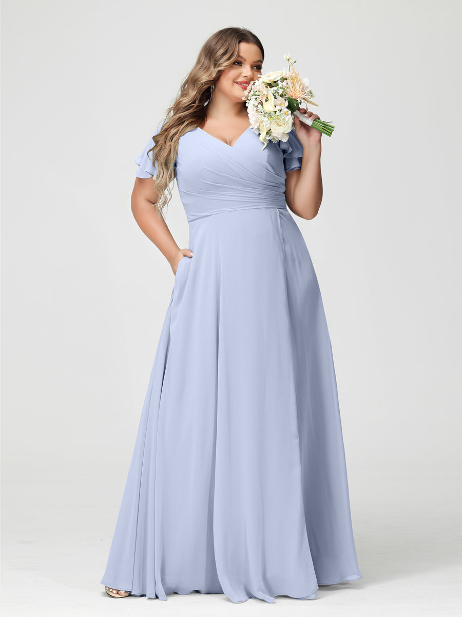 A-Line/Princess V-Neck Short Sleeves Chiffon Split Side Plus Size Bridesmaid Dresses with Pockets Lavender