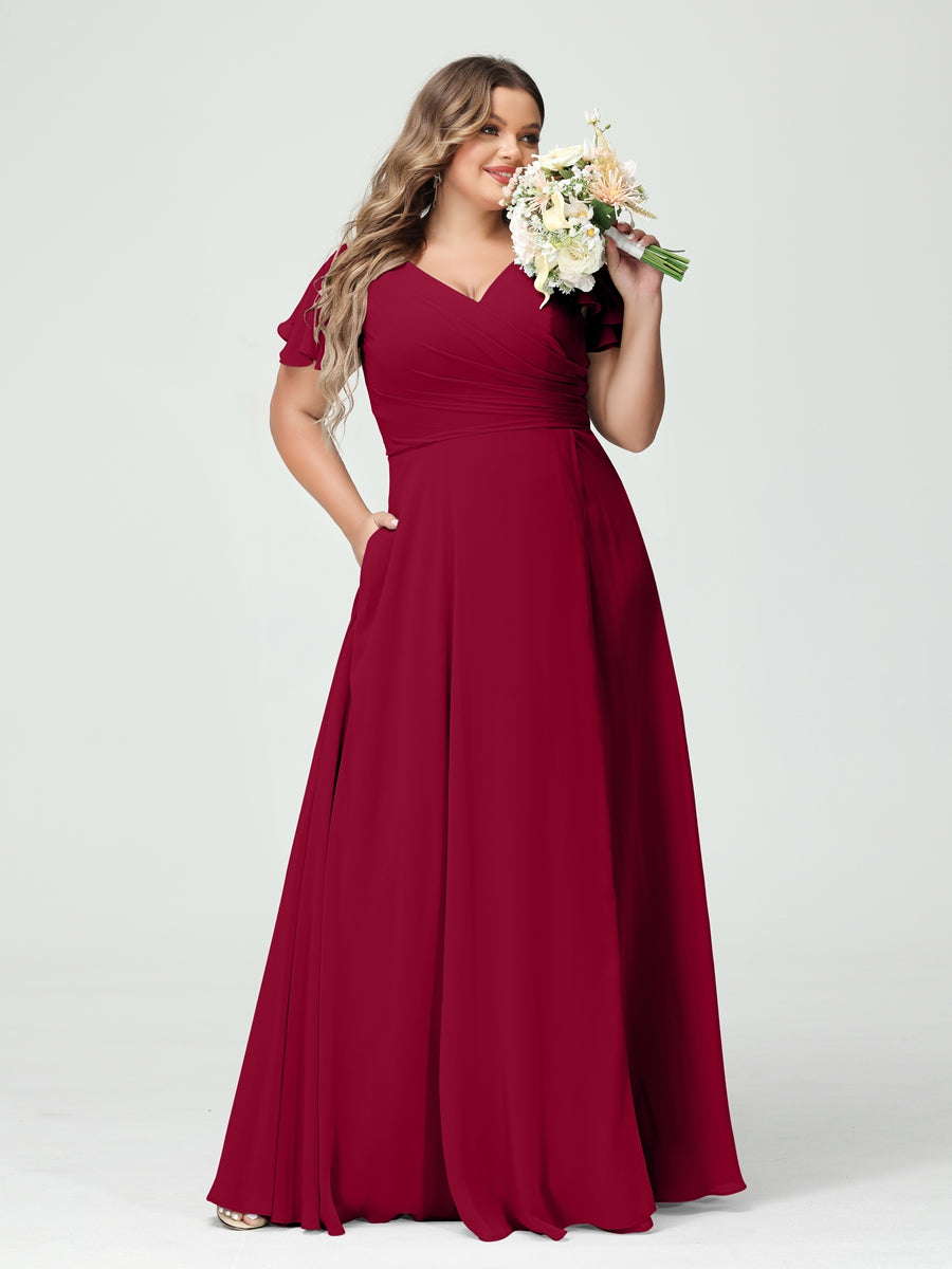 A-Line/Princess V-Neck Short Sleeves Chiffon Split Side Plus Size Bridesmaid Dresses with Pockets Light Burgundy