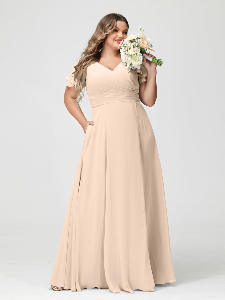 A-Line/Princess V-Neck Short Sleeves Chiffon Split Side Plus Size Bridesmaid Dresses with Pockets Light Champagne