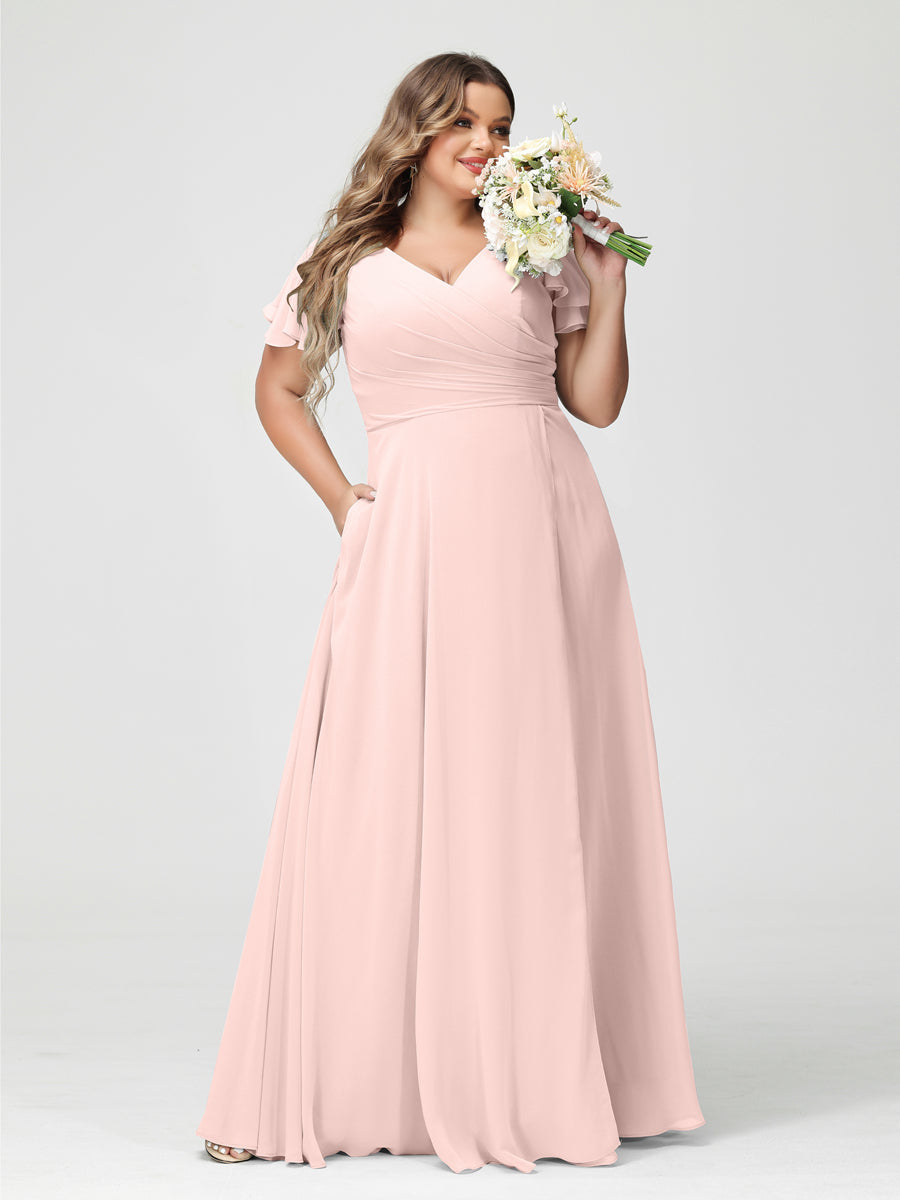 A-Line/Princess V-Neck Short Sleeves Chiffon Split Side Plus Size Bridesmaid Dresses with Pockets Light Pink
