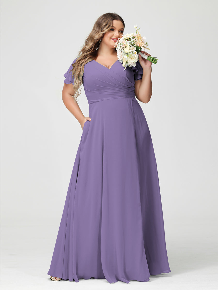 A-Line/Princess V-Neck Short Sleeves Chiffon Split Side Plus Size Bridesmaid Dresses with Pockets Light Purple