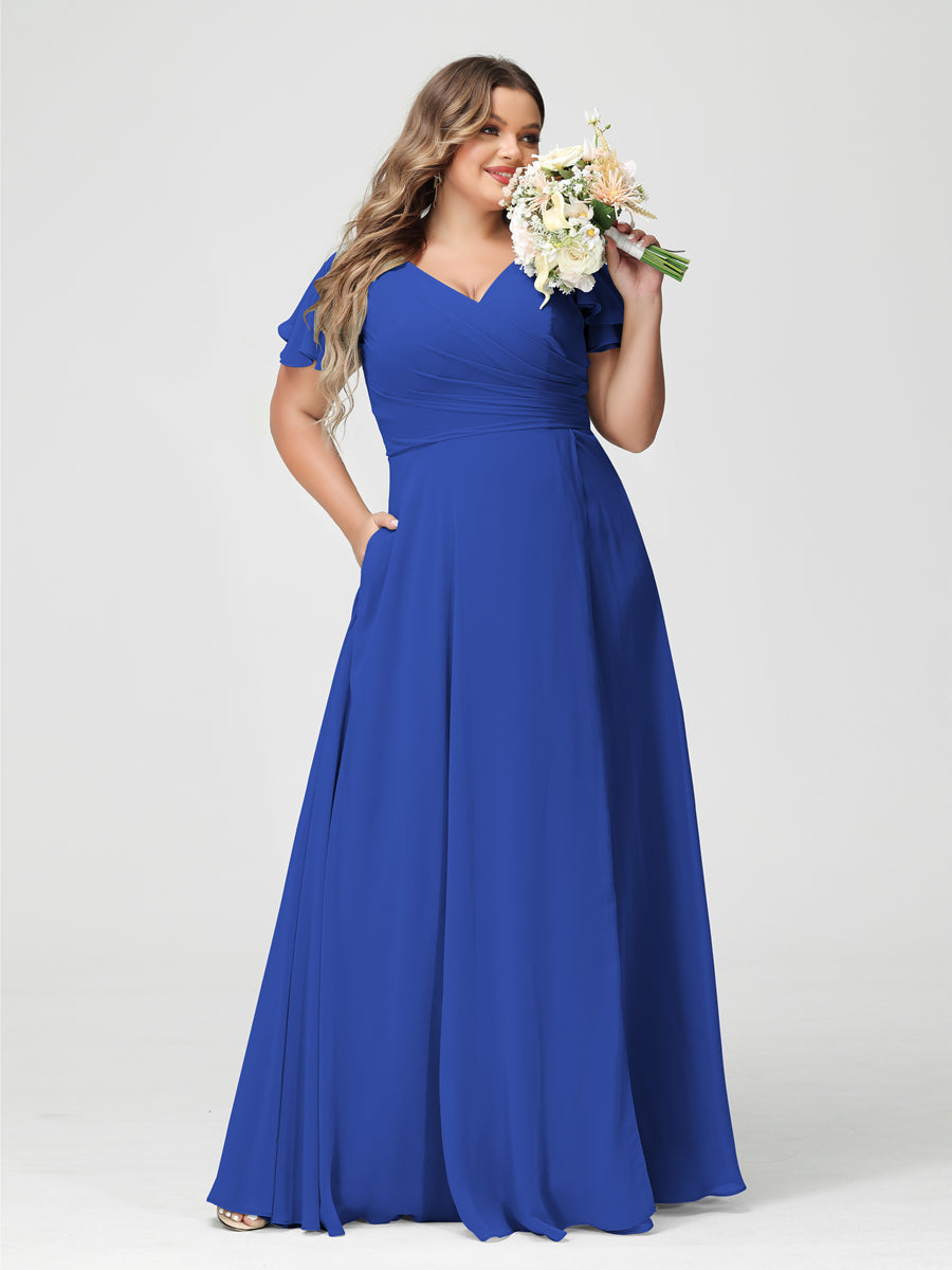 A-Line/Princess V-Neck Short Sleeves Chiffon Split Side Plus Size Bridesmaid Dresses with Pockets Light Royal Blue