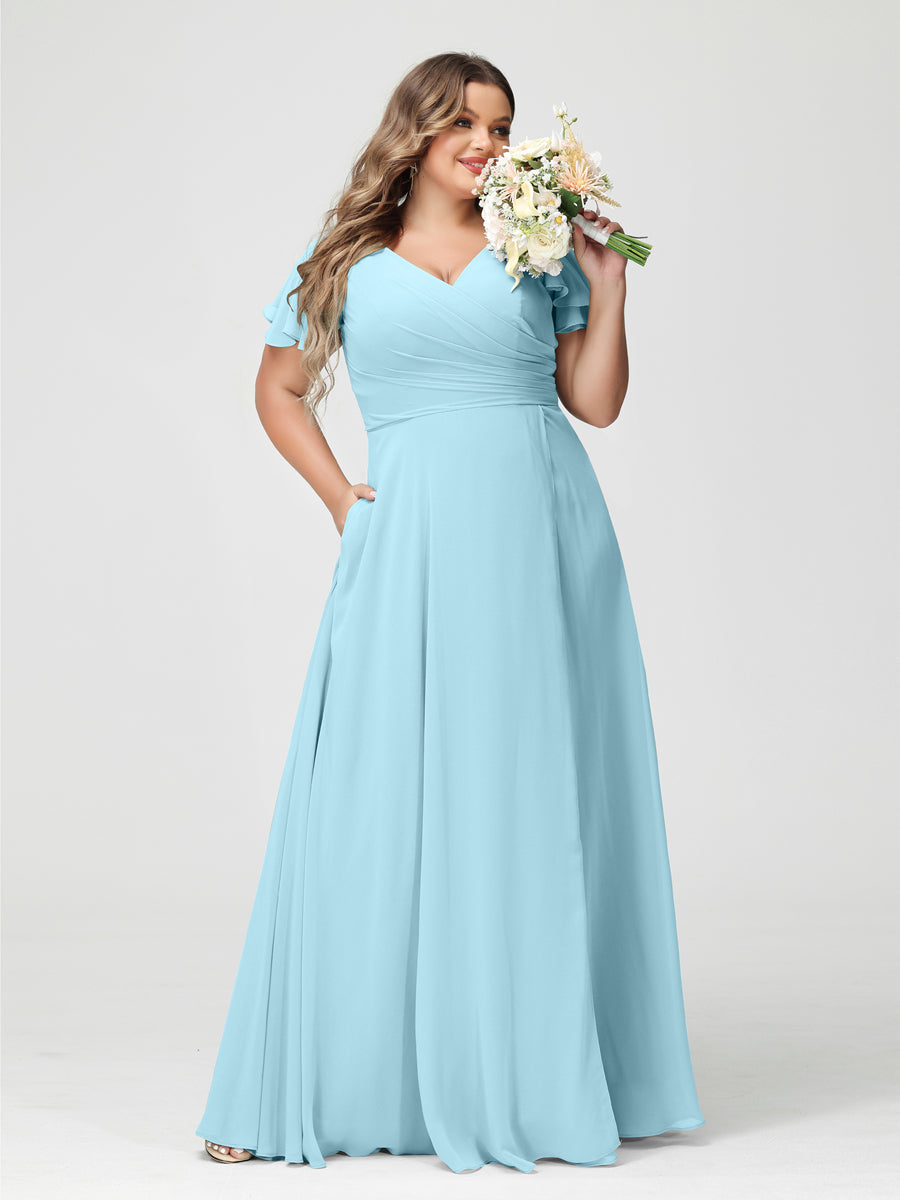 A-Line/Princess V-Neck Short Sleeves Chiffon Split Side Plus Size Bridesmaid Dresses with Pockets Light Sky Blue