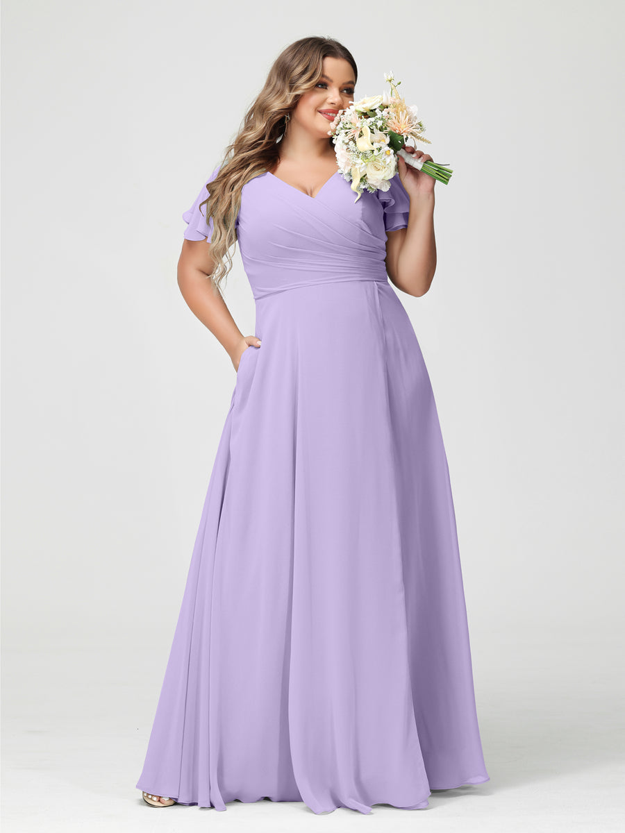 A-Line/Princess V-Neck Short Sleeves Chiffon Split Side Plus Size Bridesmaid Dresses with Pockets Lilac