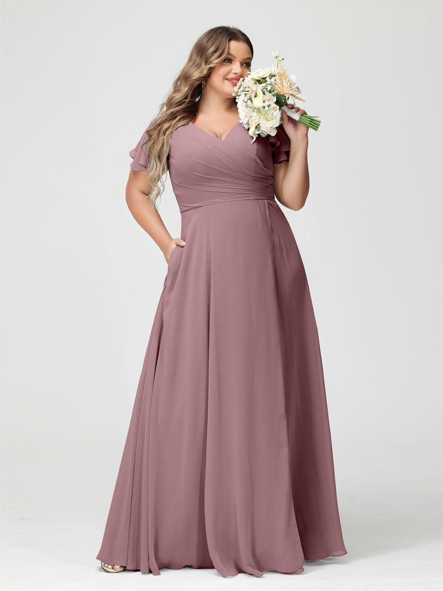 A-Line/Princess V-Neck Short Sleeves Chiffon Split Side Plus Size Bridesmaid Dresses with Pockets Mauve