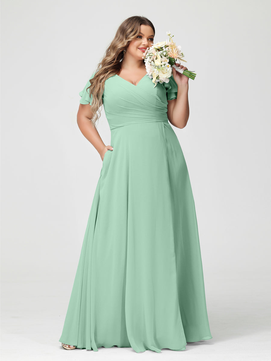 A-Line/Princess V-Neck Short Sleeves Chiffon Split Side Plus Size Bridesmaid Dresses with Pockets Mint Green