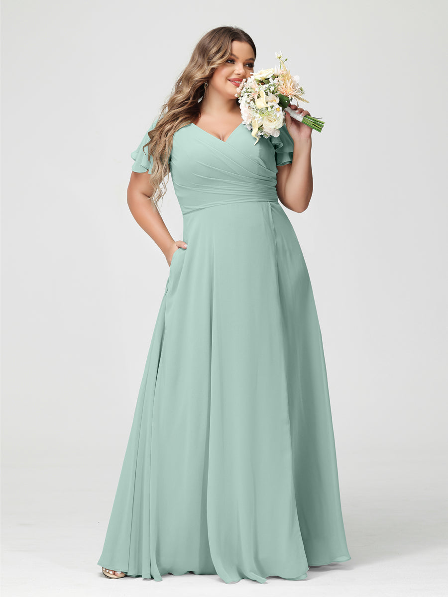 A-Line/Princess V-Neck Short Sleeves Chiffon Split Side Plus Size Bridesmaid Dresses with Pockets Mist Blue