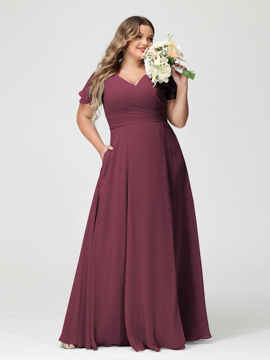 A-Line/Princess V-Neck Short Sleeves Chiffon Split Side Plus Size Bridesmaid Dresses with Pockets Mulberry