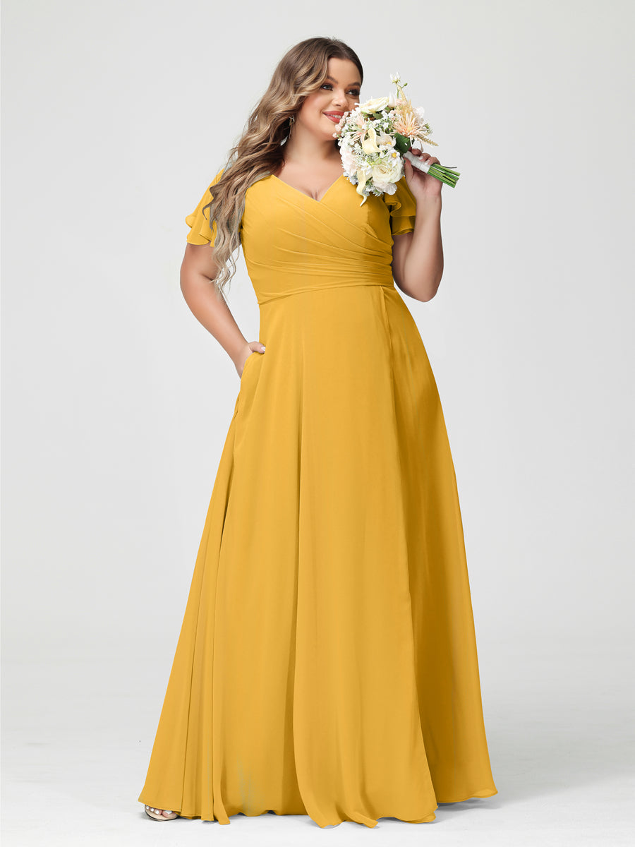 A-Line/Princess V-Neck Short Sleeves Chiffon Split Side Plus Size Bridesmaid Dresses with Pockets Mustard Yellow
