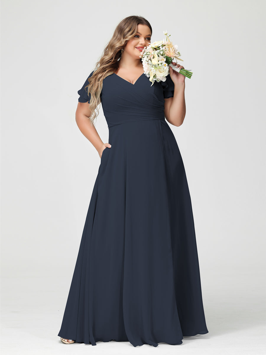 A-Line/Princess V-Neck Short Sleeves Chiffon Split Side Plus Size Bridesmaid Dresses with Pockets Navy Blue