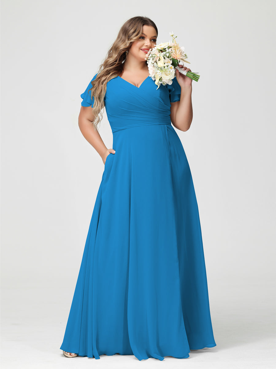 A-Line/Princess V-Neck Short Sleeves Chiffon Split Side Plus Size Bridesmaid Dresses with Pockets Ocean Blue
