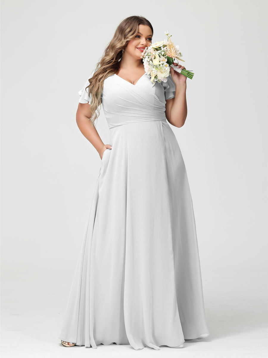 A-Line/Princess V-Neck Short Sleeves Chiffon Split Side Plus Size Bridesmaid Dresses with Pockets Off White