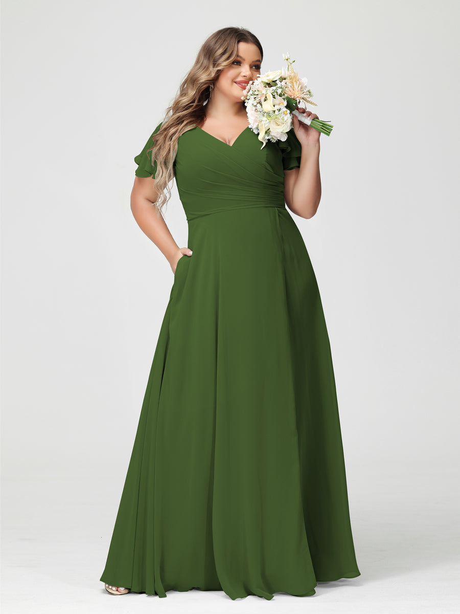 A-Line/Princess V-Neck Short Sleeves Chiffon Split Side Plus Size Bridesmaid Dresses with Pockets Olive Green