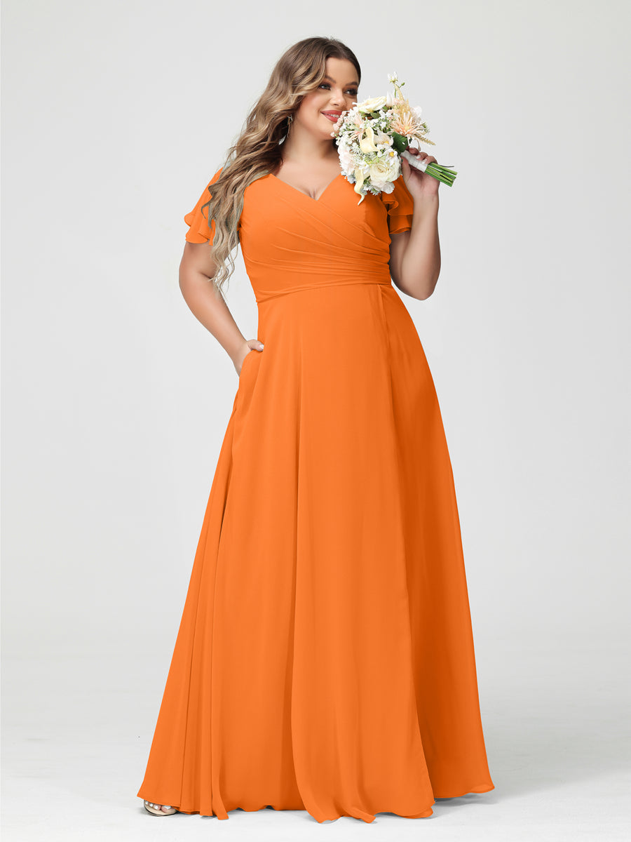 A-Line/Princess V-Neck Short Sleeves Chiffon Split Side Plus Size Bridesmaid Dresses with Pockets Orange